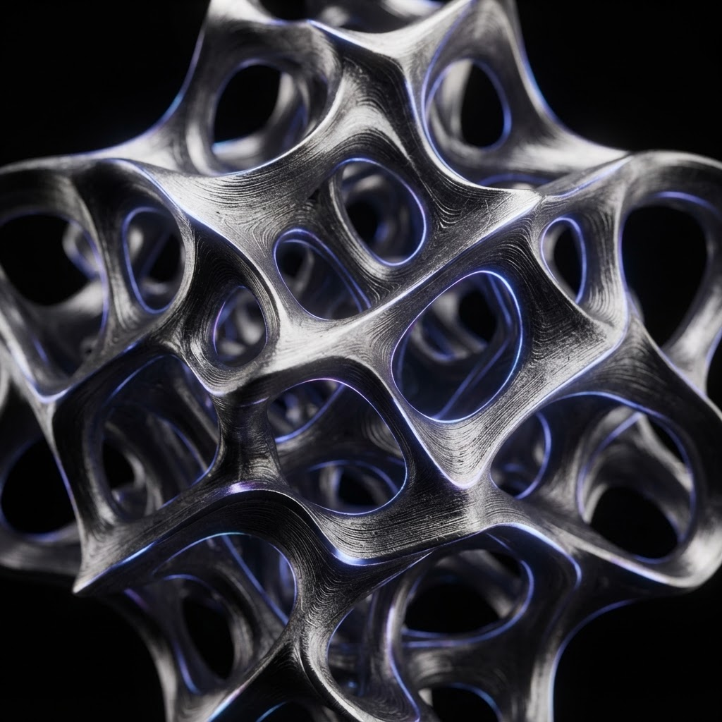 AI-optimized titanium structural lattice with plasma edge lighting